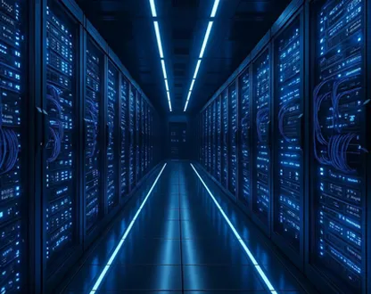 Data centre corridor lined with illuminated server racks