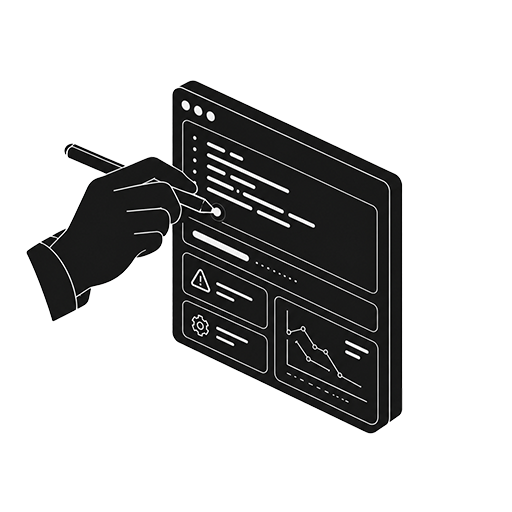 Illustration of a hand optimising code and performance metrics on a dashboard
