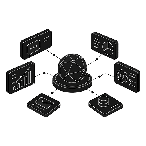 Illustration of a central hub connected to chat, analytics, email, database and settings systems