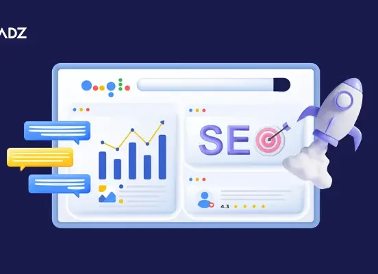 Marketplace SEO dashboard with analytics charts and rocket growth illustration