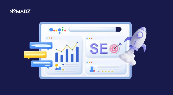 Marketplace SEO dashboard with analytics charts and rocket growth illustration