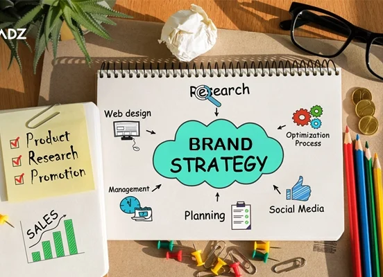 Digital branding strategy planning with research, marketing, and business growth elements.