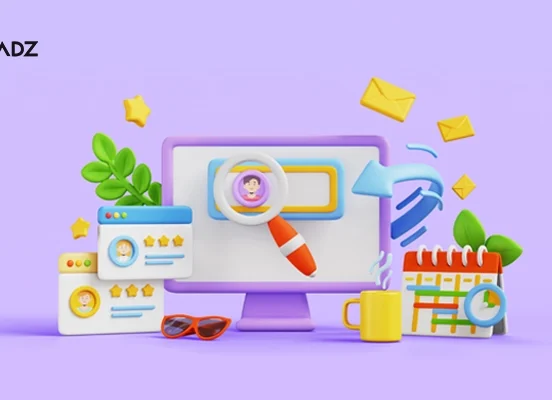 Landing Page Optimization concept with website interface and marketing elements.