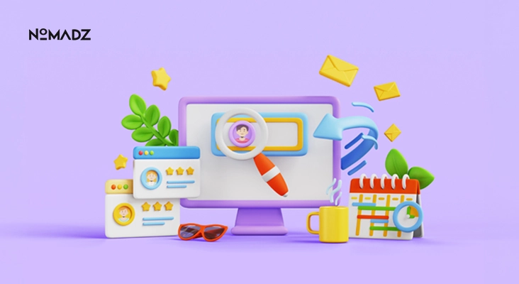 Landing Page Optimization concept with website interface and marketing elements.