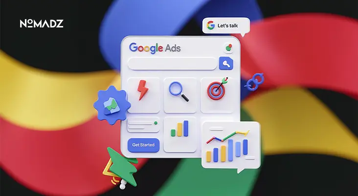 Google Search Ads dashboard with targeting, analytics, and performance marketing elements.