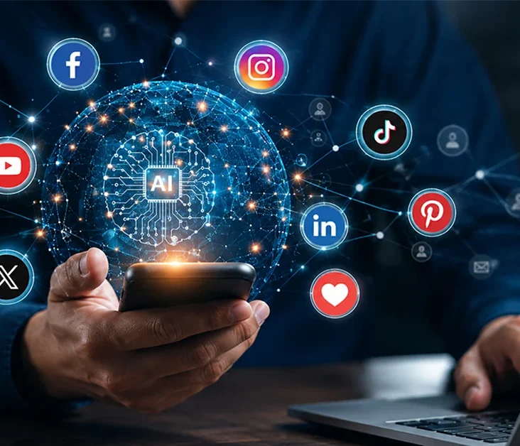 Artificial intelligence in social media with AI-powered marketing and digital platforms.